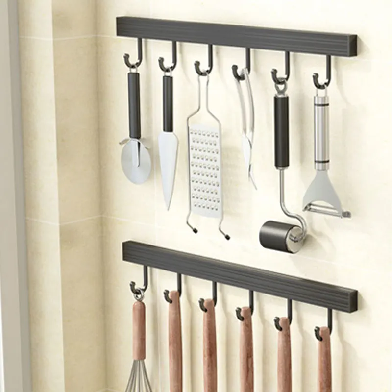 1pc Wall-mounted Shelf Space Aluminium Multifunctional Hooks Pot Lid Knife Rack Storage Rack Free Of Holes