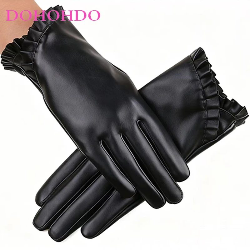 

Leather Gloves Ladies Touch Screen Lace Design Autumn And Winter Fashion Repair Hand PU Plus Velvet Warm Imitation Black Gloves