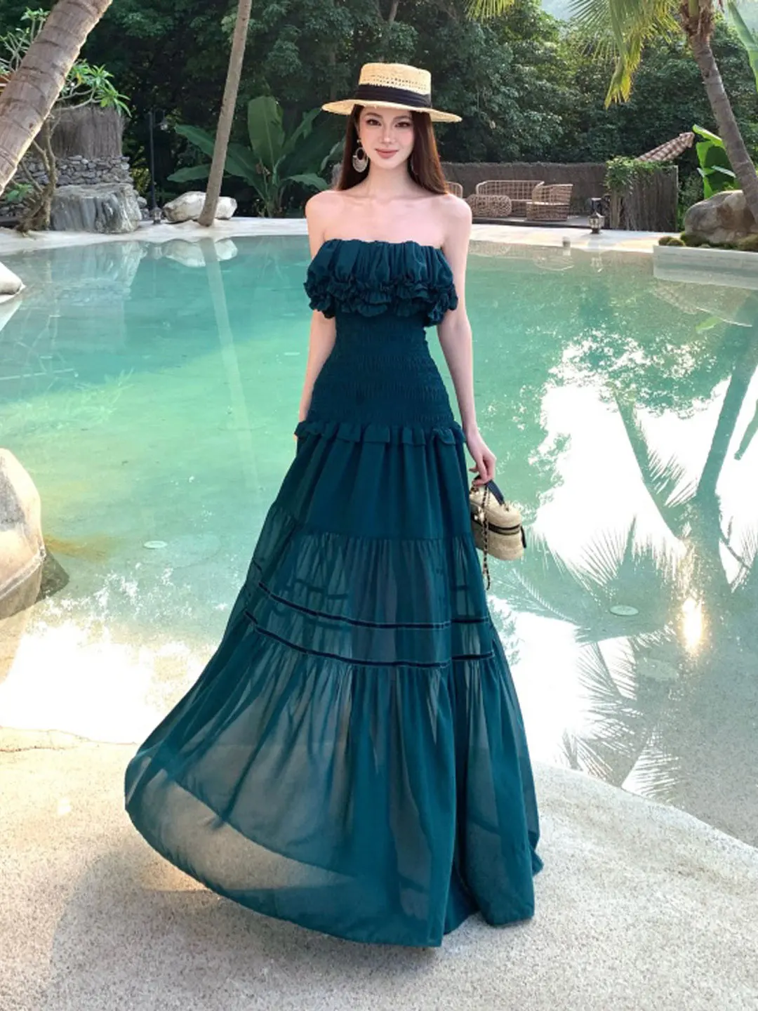 

Beach Vacation Style Slimming One Shoulder Waist Cinched Long Dress Summer Midi Dress Cotton Material Midi Length A-Line Skirt