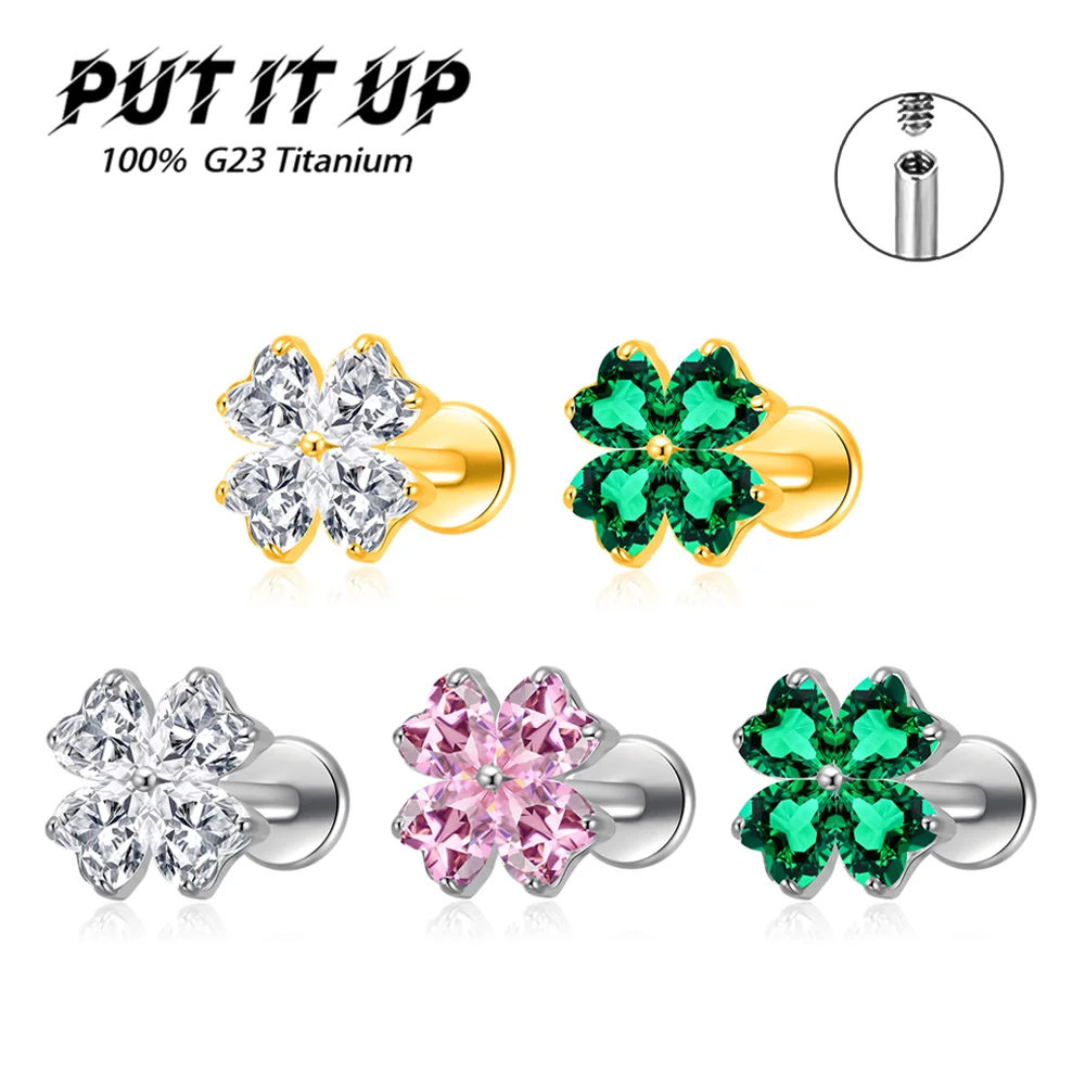 

ASTM F136 Titanium Alloy New Lucky Four-Leaf Clover Zirconia Stud Earrings Fashion Ear Cartilage Lip Studs Body Piercing Jewelry
