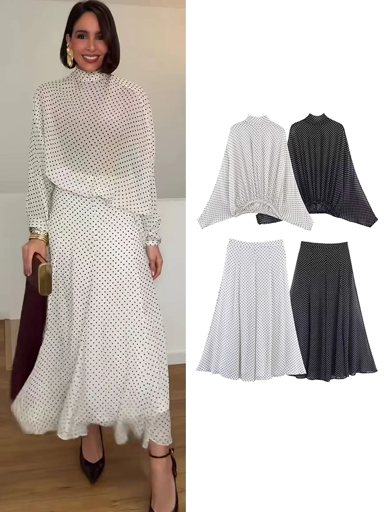 TFMLN Conjuntos de Falda y Blusa Vintage con Estampado de Puntos para Mujer, Blusas Holgadas con Lazo Elegante, Faldas Midi Largas, Atuendos de Moda para Primavera, Verano y Vacaciones