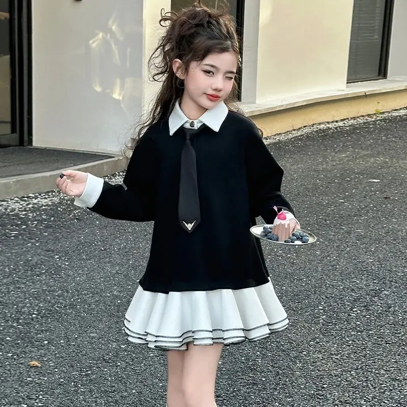 

New Fashionable Children's College Style Puff Dress Spring and Autumn Girls' POLO Collar Dress Casual Dress