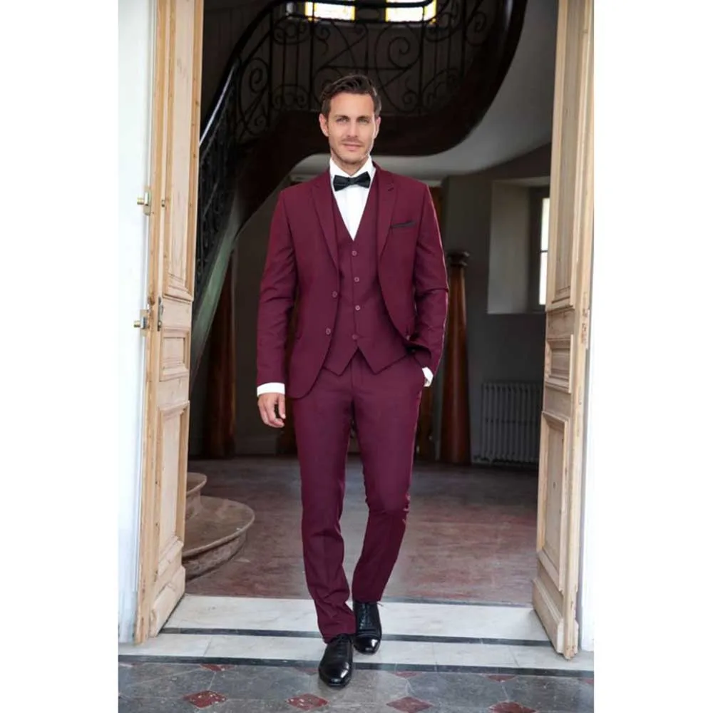 

Wedding Groom's Suits for Men Burgundy Single Breasted 3 Pieces Jacket Pants Vest Male Clothing Slim Fit Business Blazers Sets