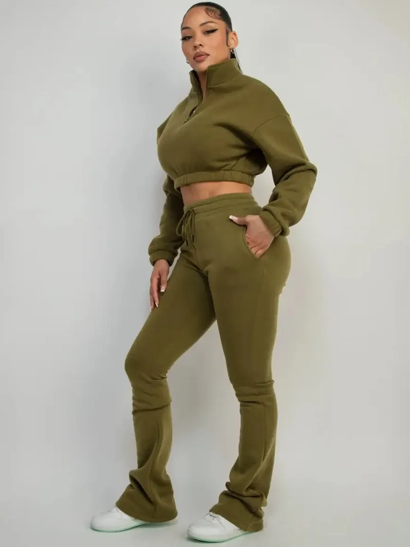 

Женский однотонный флисовый комплект из 2 предметов, спортивные костюмы, воротник-стойка на молнии, пуловер с длинными рукавами, кофты, укороченный топ + расклешенные брюки на шнурке