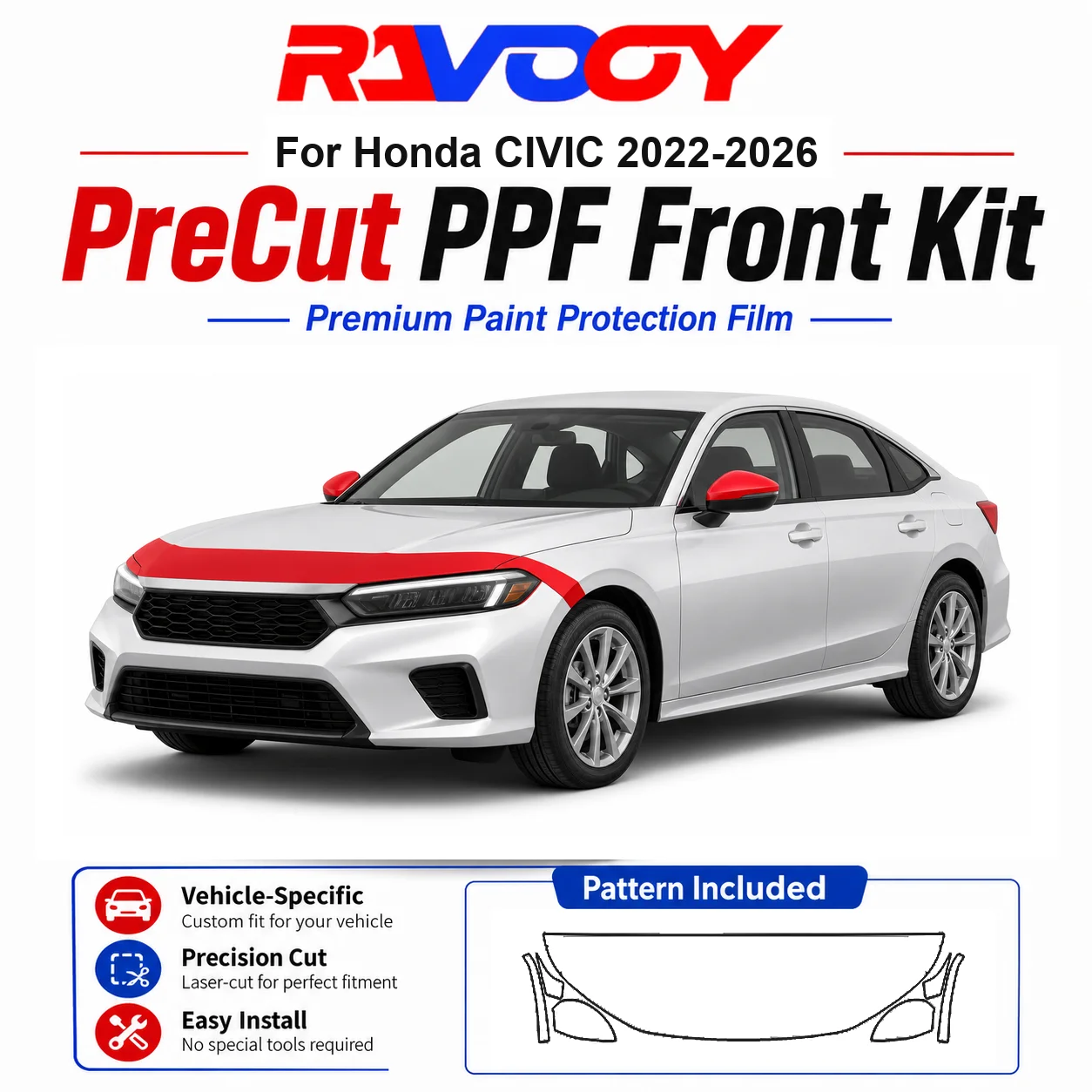 Kit de Película Protetora (PPF) de TPU Pré-Cortada de 8.5mil para Honda CIVIC 2022-2026 - Conjunto para Capô, Para-lamas e Espelhos - Película Transparente Autorregenerativa