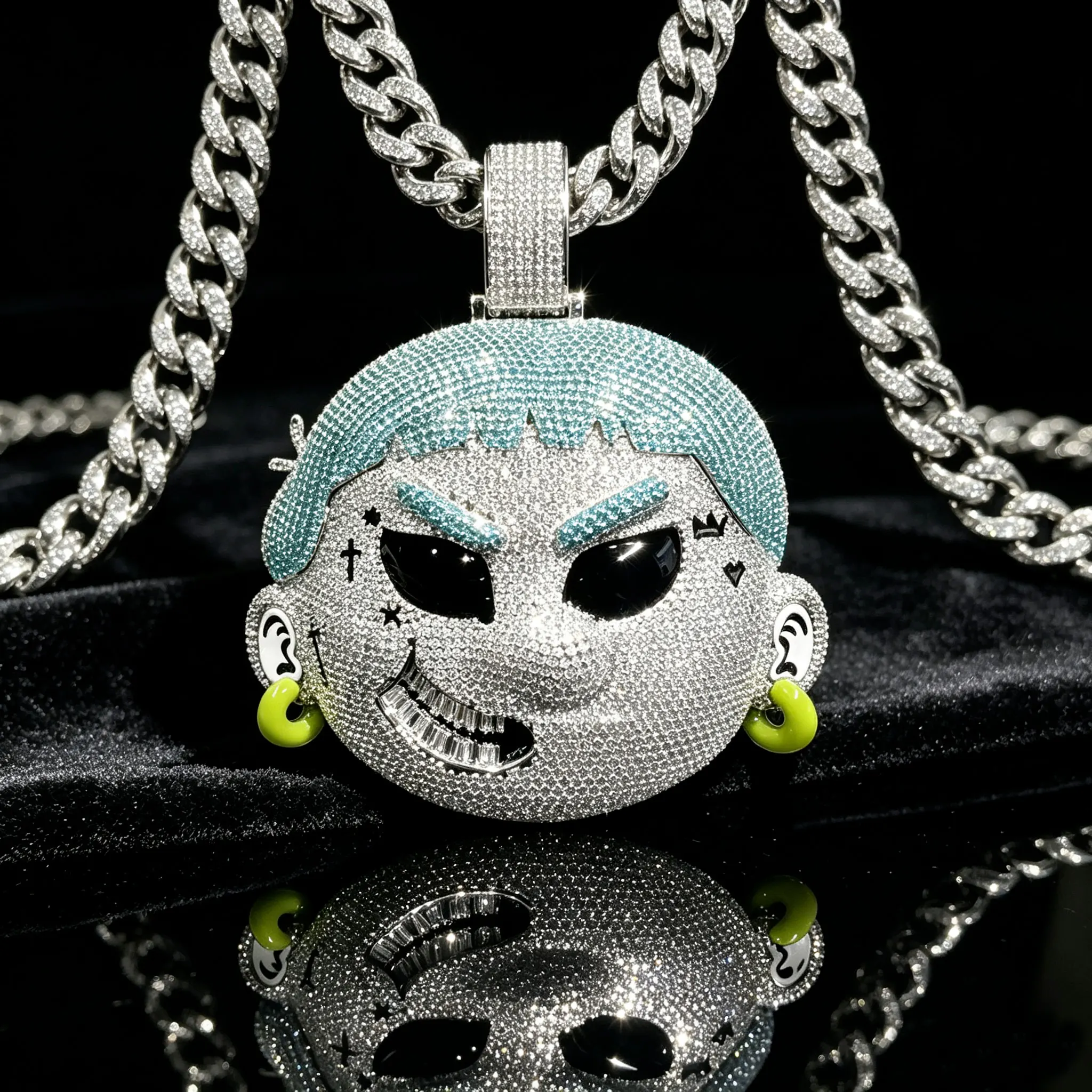 LYEE CYEE Luxury Hip Hop Style 3D Big Head Cartoon Blue Green Diamond Black Enamel Pendant Can be Paired with Cuban Chain Rap Singer Street Party Decoration Exquisite Jewelry Valentine's Day/Commemorative Gift Festival Gift Best Gift for Boyfriend