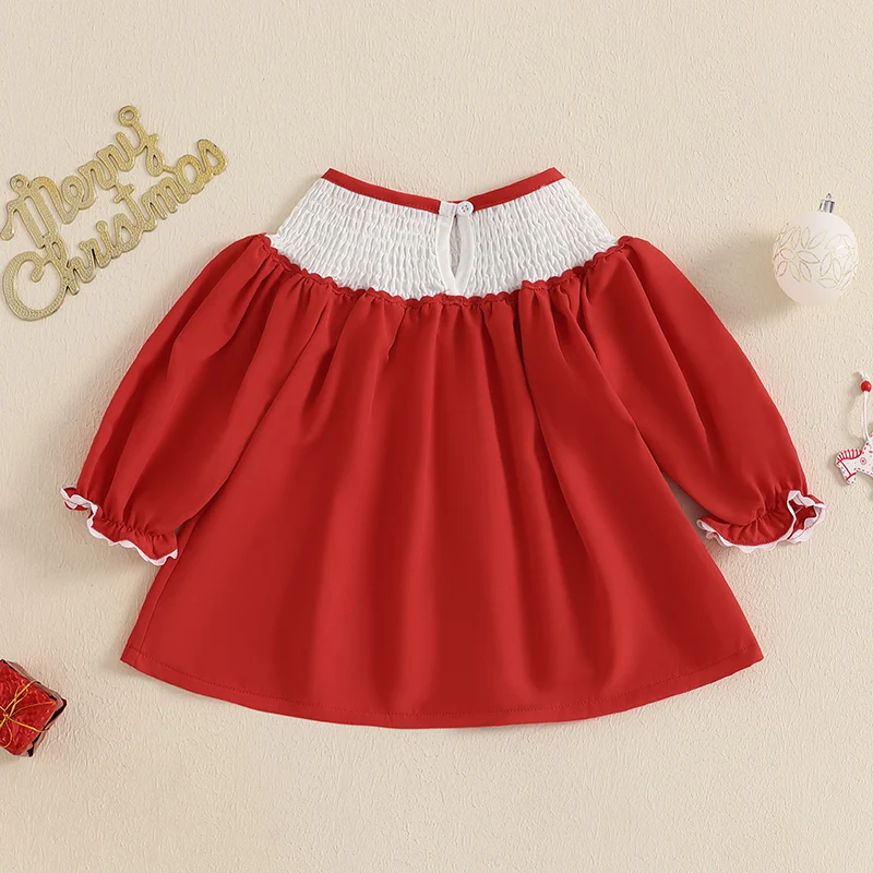 Little Girl Christmas Dress Shirred Santa Claus Embroidery Round Neck Ruffle Sleeve Dress for Daily School Party