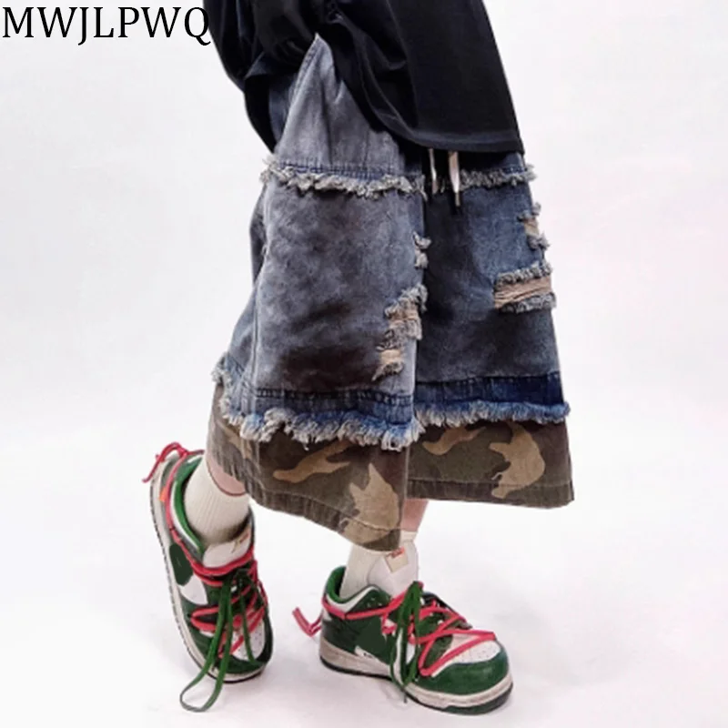 

MWJLPWQ Мужские джинсовые шорты в стиле хип-хоп с камуфляжным каблуком High Street, винтажные широкие брюки с рваными штанинами, грубый край, нижняя часть-карго Tide 010688