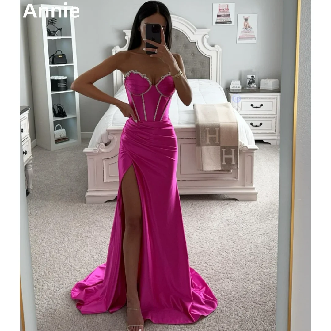 Annie-Vestidos De fiesta De lujo con cuentas brillantes, Vestidos De Noche De princesa De sirena, vestido De fiesta De boda Formal, Rosa caliente