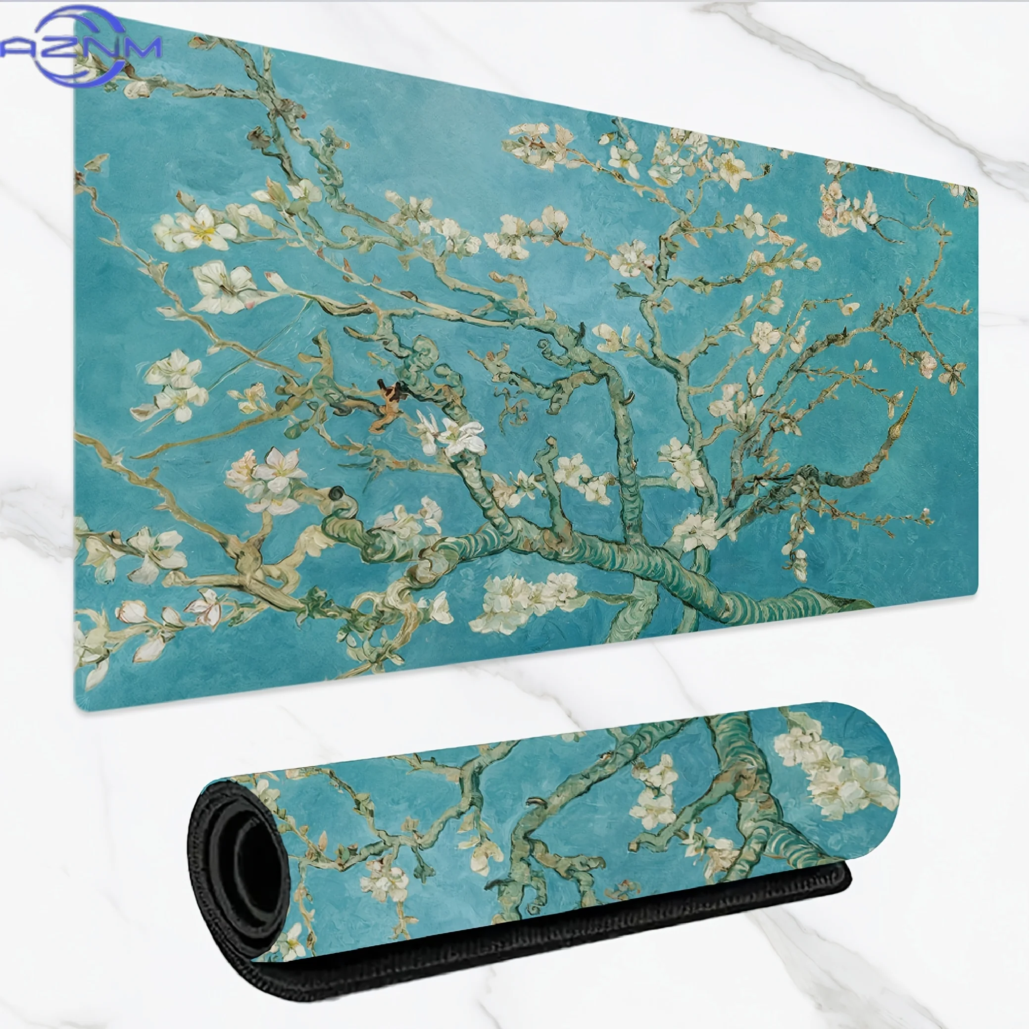 Large Gaming Mouse Pad/Van Gogh Almond Flower Art Design/Anti-slip Rubber Base/Smooth Polyester Surface/Keyboard and Mouse Desk