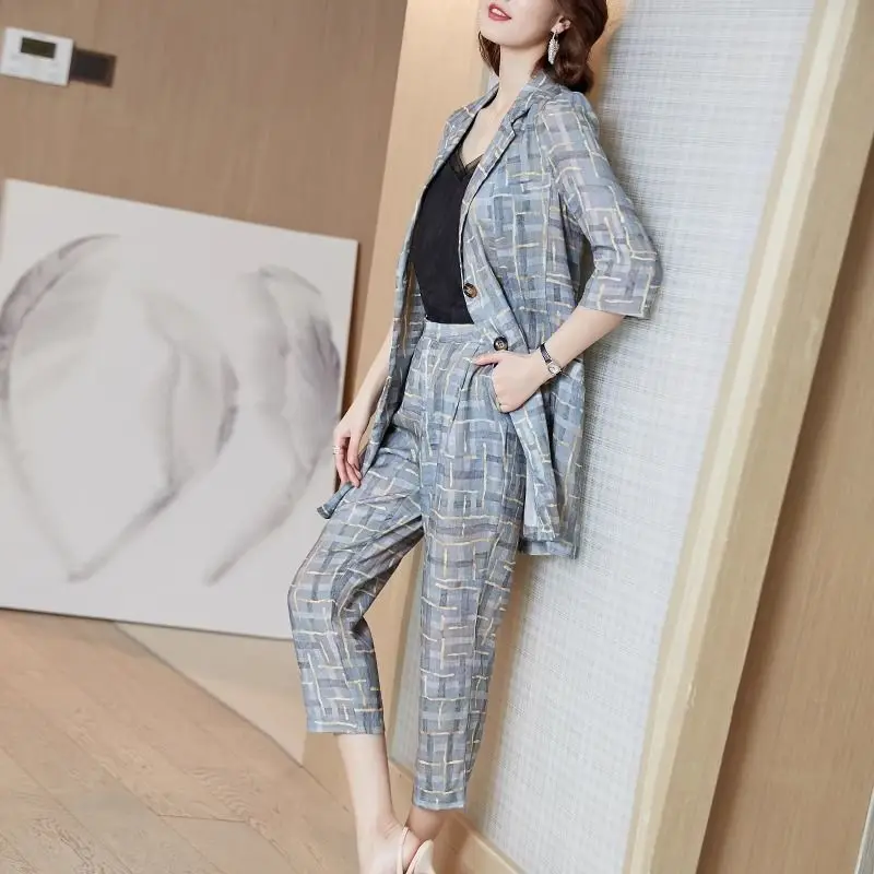 Professional Ladies Trouser Printing Suits Blazer Wear To Work Office Women\'s Capris And Pants Two Piece Set Offer Korean Style