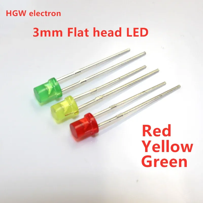 100pcs 3MM LED DIP Flat head LED Diode Lamp F3 Flat head colloid Red Green Yellow Indicator light LED 2 pin