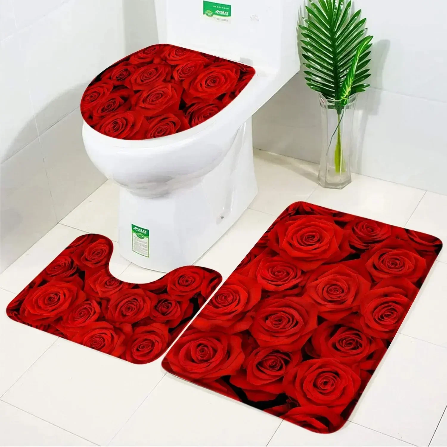 Fresh Flowers Red Rose Design Bathroom 3Pcs/set Mats Home Flannel Decorations Accessories Floor Rugs Toilet Cover 40*60/50*80 CM