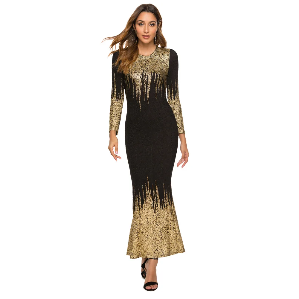 

Elegant Bronzing Glitter Long Dress for Women O Neck Long Sleeve High Waist Bag Hip Mermaid Bodycon Dresses Party Evening Robe