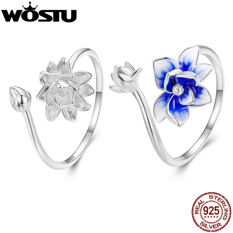 WOSTU Real 925 Sterling Silver Unique Lotus Open Rings For Women Blue Enamel Statement Flower Ring Wedding Party Jewelry Gift