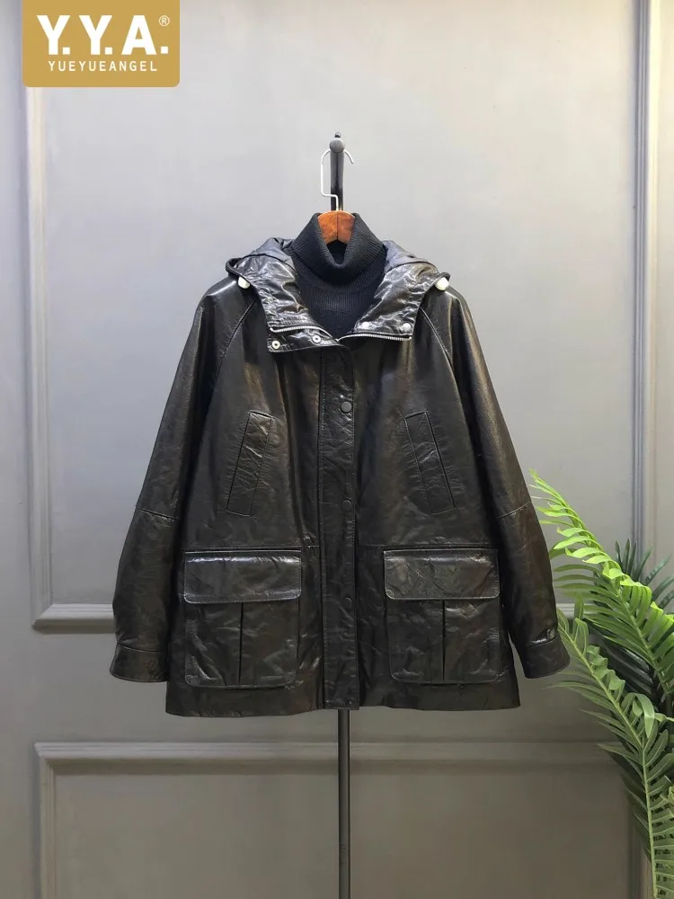 

Autumn Winter Waxed Cowhide Women Duck Down Coat Genuine Leather Hooded Jacket Loose Fit Pocket Warm Outerwear Casual Zip Coats