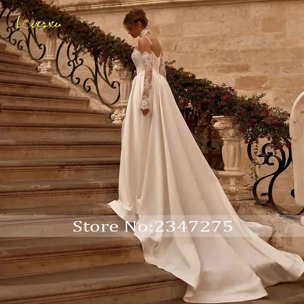 Loverxu Mermaid Wedding Dresses Sweetheart Spaghetti Straps Vestido De Novia Lace Appliques 2 In 1 Satin Custom Made Bridal Gown