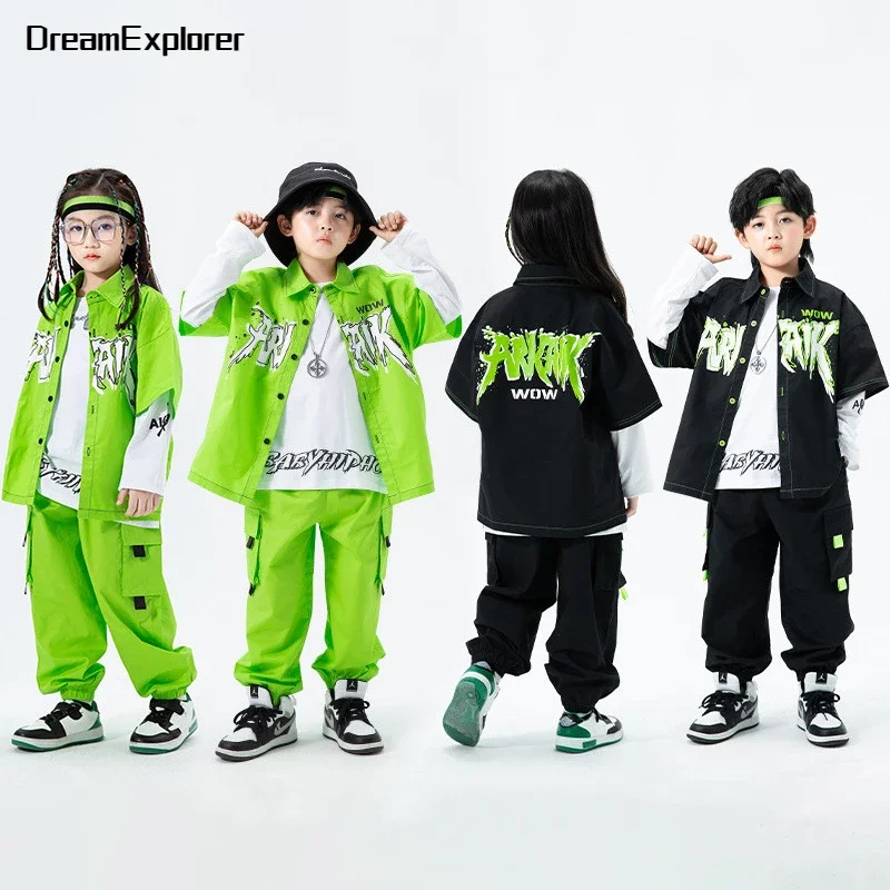 Boys Hip Hop Cool Print Shirt Cargo Pants Girls Street Dance Green Jacket Joggers Clothes Set Child Streetwear Kids Jazz Costume