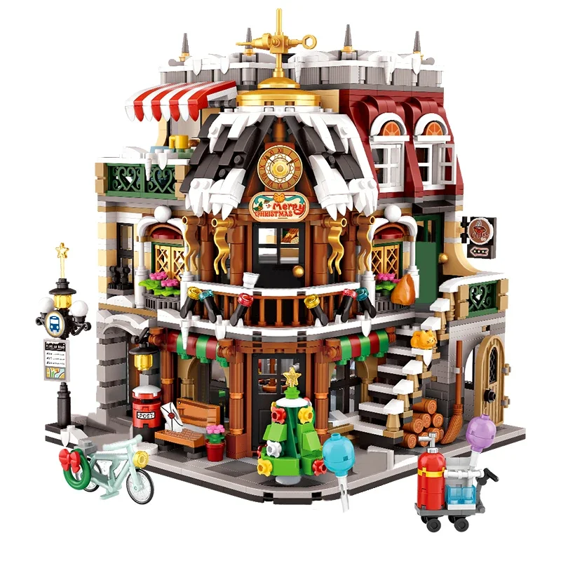 Mini blocs de construction d'architecture pour enfants, figurines de boutique, cadeaux de jouets en briques, vue sur la rue de la ville, maison de Noël, amis, 1054, 73