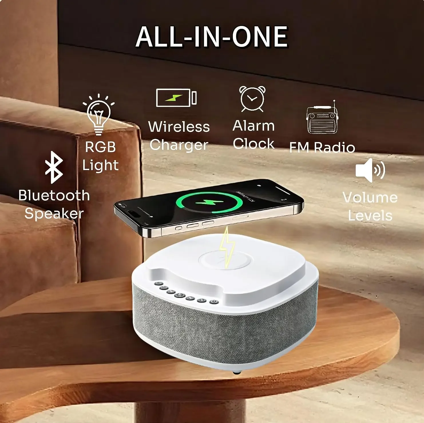 All-in-One Audio Device Bluetooth Speaker+Wireless Charger+RGB Light+Alarm Clock Portable Handle for Home Office Outdoor Camping
