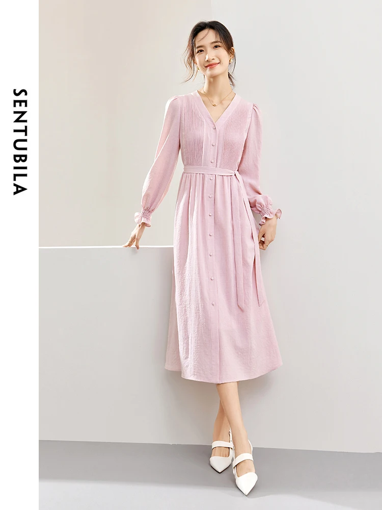 

SENTUBILA Spring Pink Shirt Dress for Women 2024 Elegant Fashion Button Down Front Long Sleeve Vacation Midi Dresses 141L53232