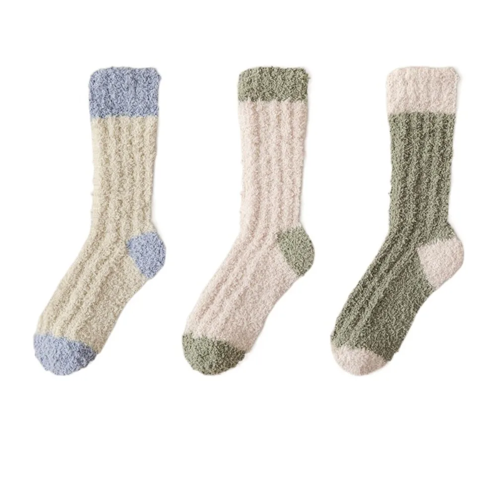 

3Pairs Solid Color Thickened Coral Fleece Socks Sleeping Winter Floor Socks Hosiery Simple Mid Tube Socks Women Winter