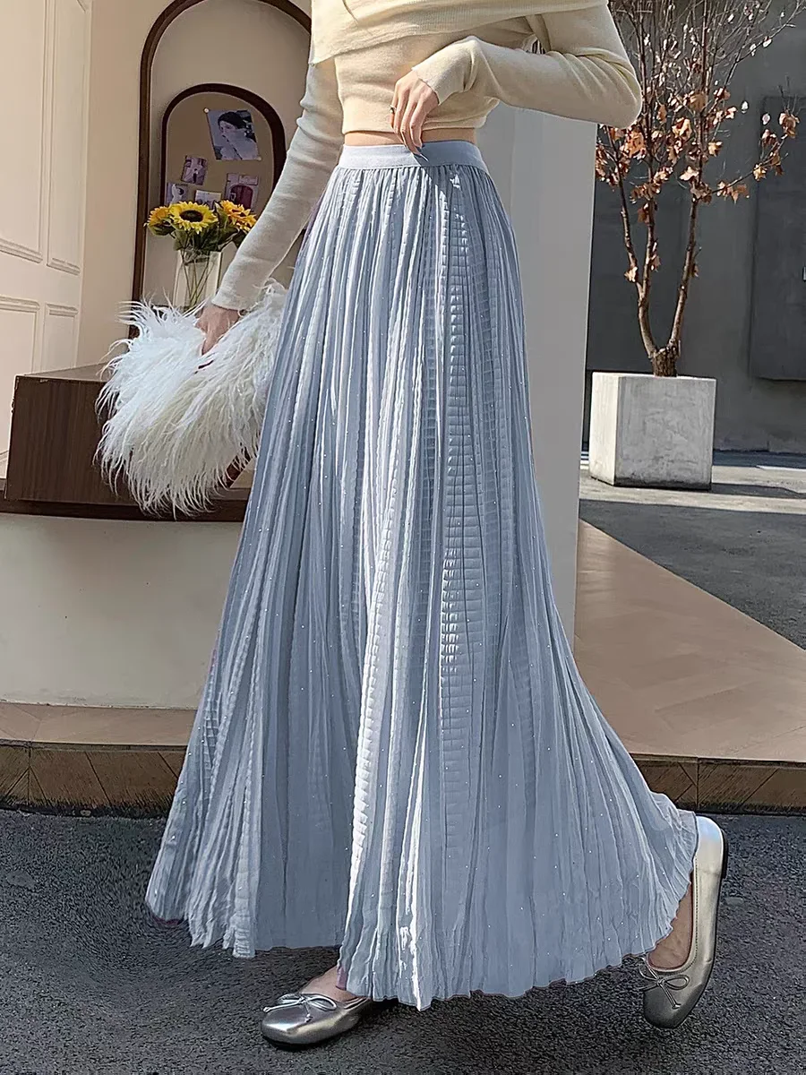 Sparkling A-Line Maxi Skirt 2026 Flowy Chiffon Pleated Skirts with Rhinestones for Women High Waisted Summer Party Skirt