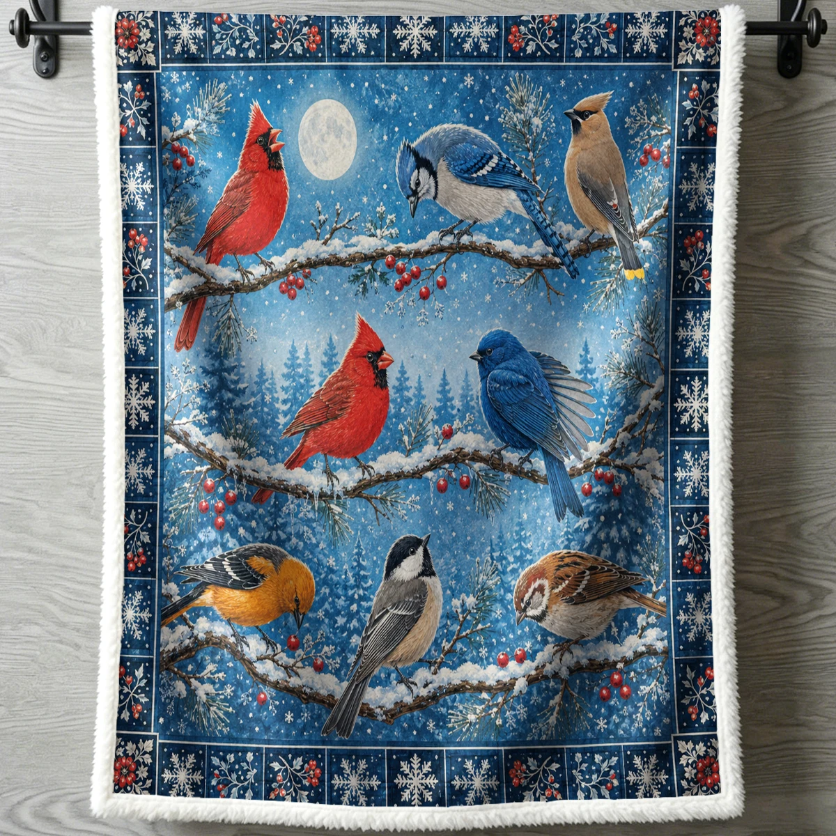 Bird Sherpa Throw Blanket Warm Winter Cardinal Chickadee Snowy Forest Cabin Snowflake Sofa Bedroom Decor Bird Lover Holiday Gift