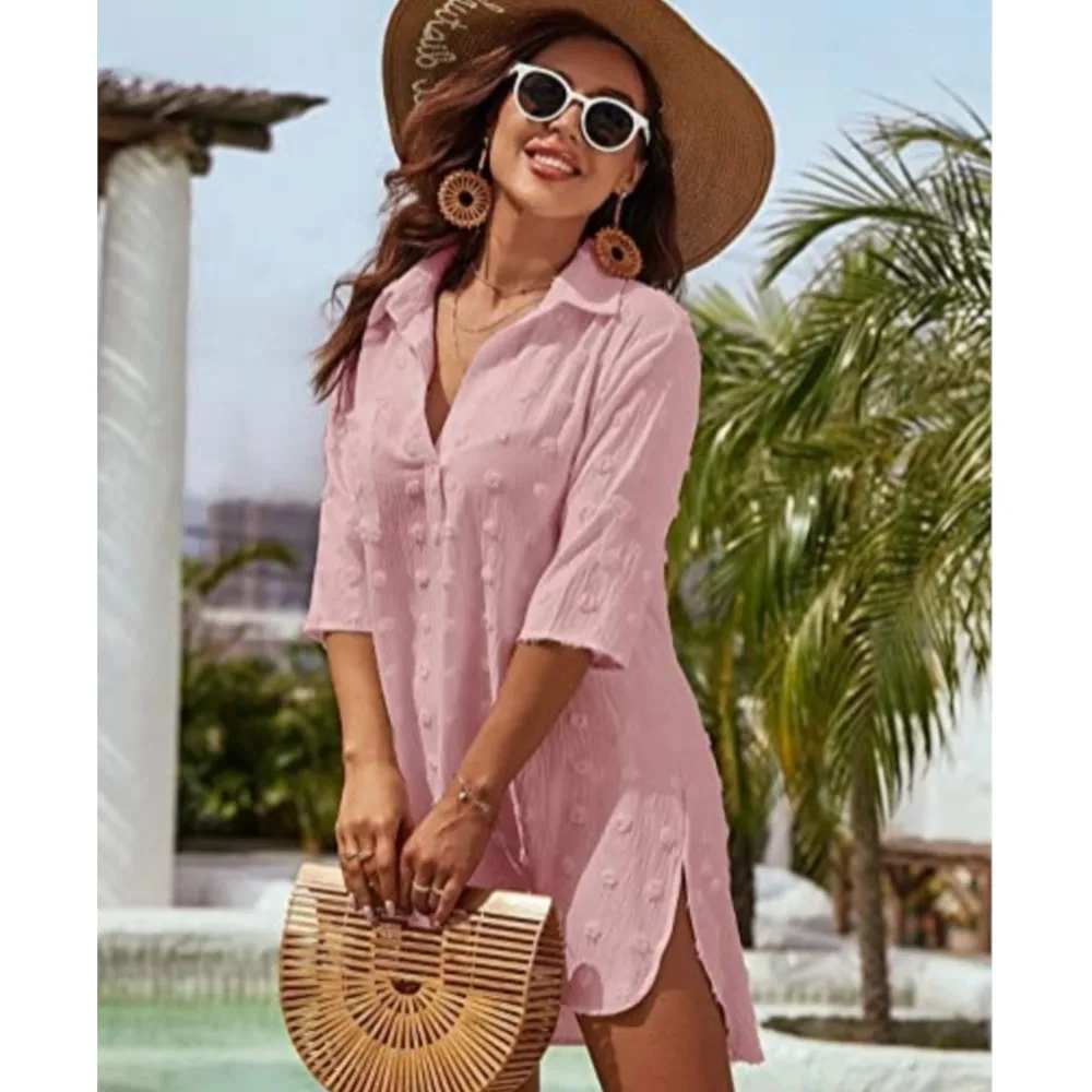 Autumn V-neck Solid Color Irregular Pullover Beach Dress For Women 2024 Chiffon Jacquard Loose Casual Cover Shirt Dress Femme