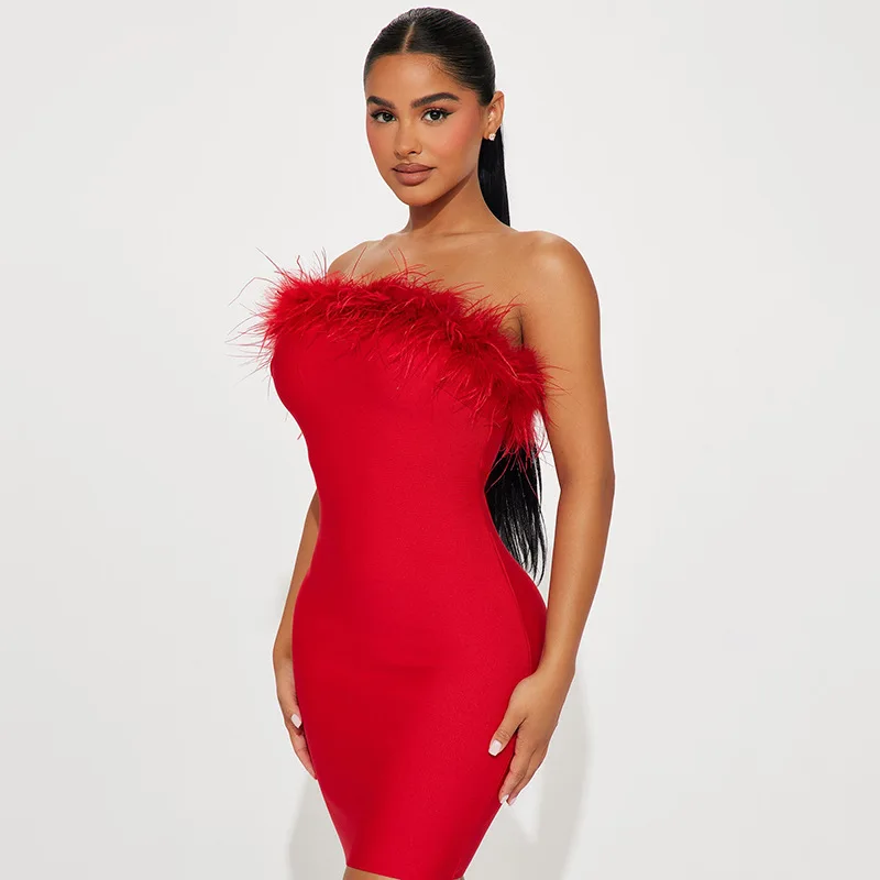 Sexy Veren Trim Bustier Bodycon Dr Dames Faion Grensoverschrijdende Eendelig Mid-Taille Fluwelen Stof Thi Zomer Dr