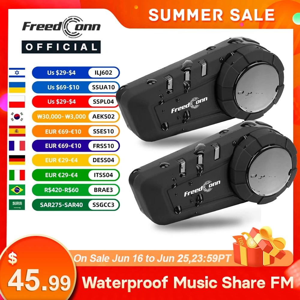 

Freedconn KY Pro Motorcycle Intercom Bluetooth Helmet Headset BT 5.0 headphones 6 Riders 1000M Moto Group Waterproof Interphone