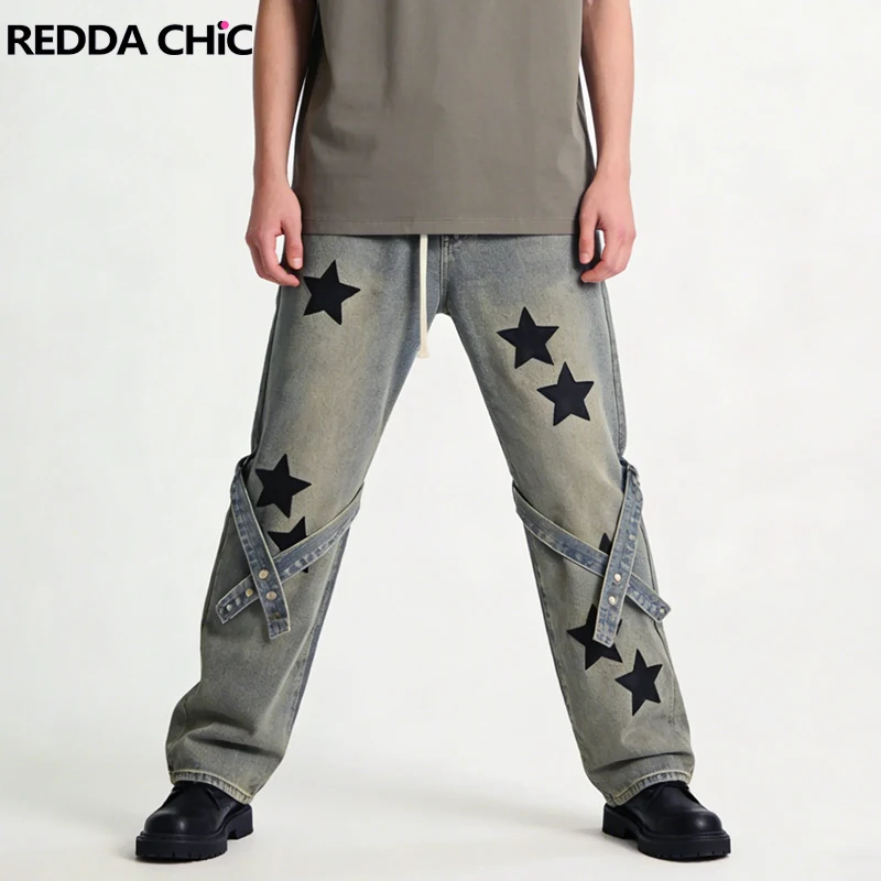 

REDDACHIC мужские мешковатые джинсы со звездами и эластичной резинкой на талии, рваные карманы, свободные прямые брюки, повседневная корейская уличная одежда