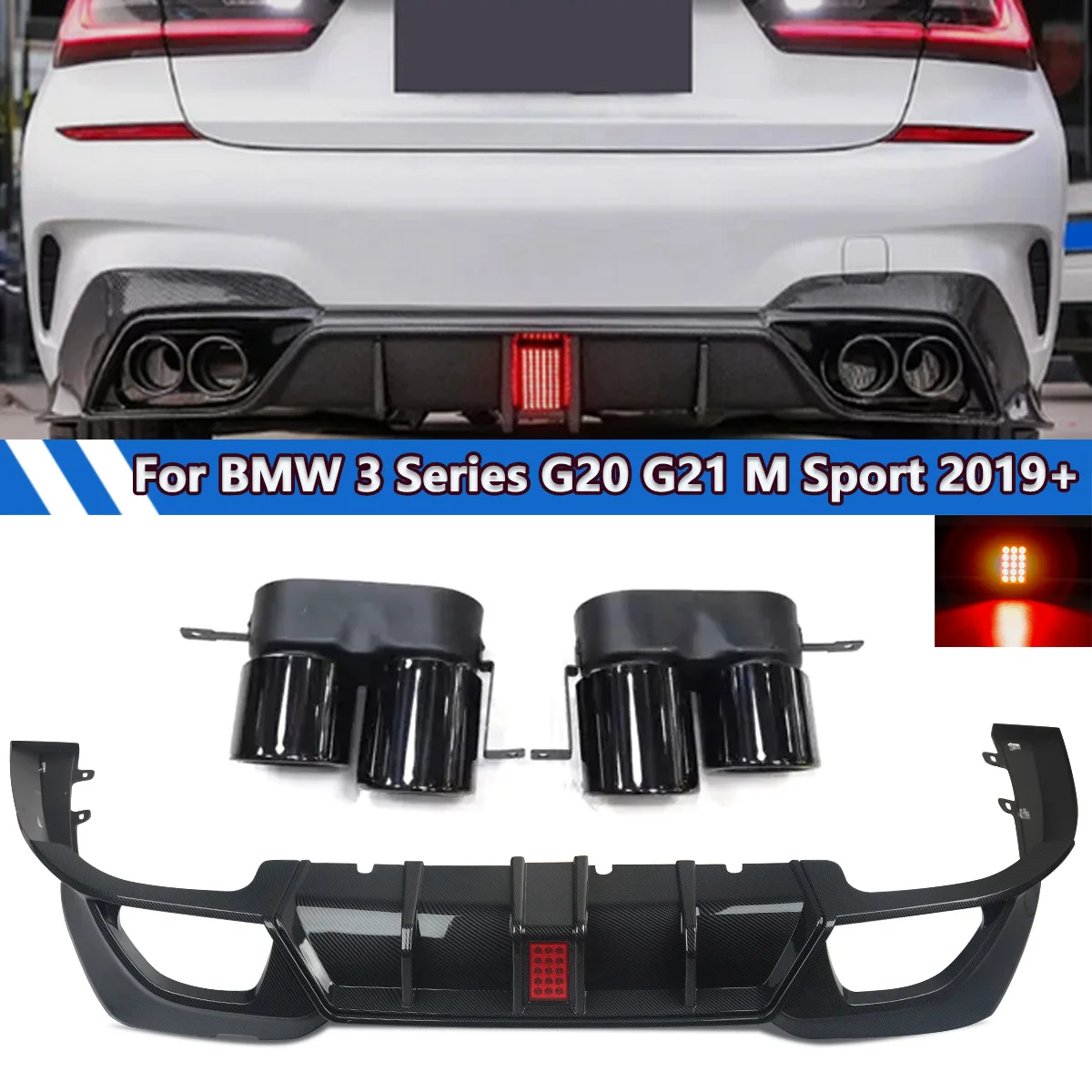 

Диффузор заднего бампера с четырьмя трубками для BMW 3 серии G20 G21 M Sport 2019 2020 2021 330i 316d 318d 320Ld M340d с наконечниками выхлопных газов