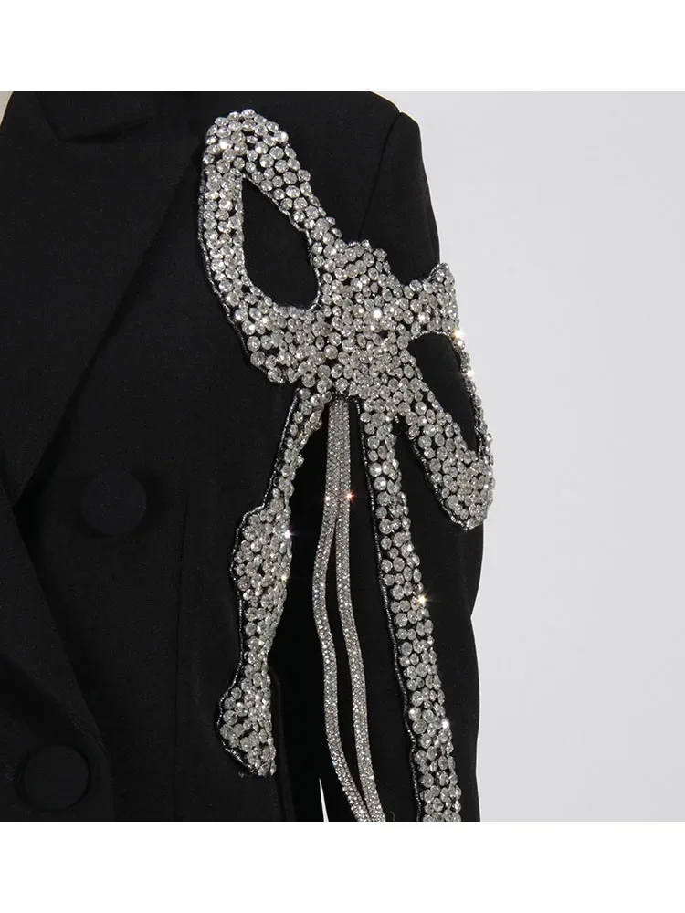 HIGH STREET Newest 2023 Designer Blazer Women's Diamonds Beaded Bow Design Long Blazer