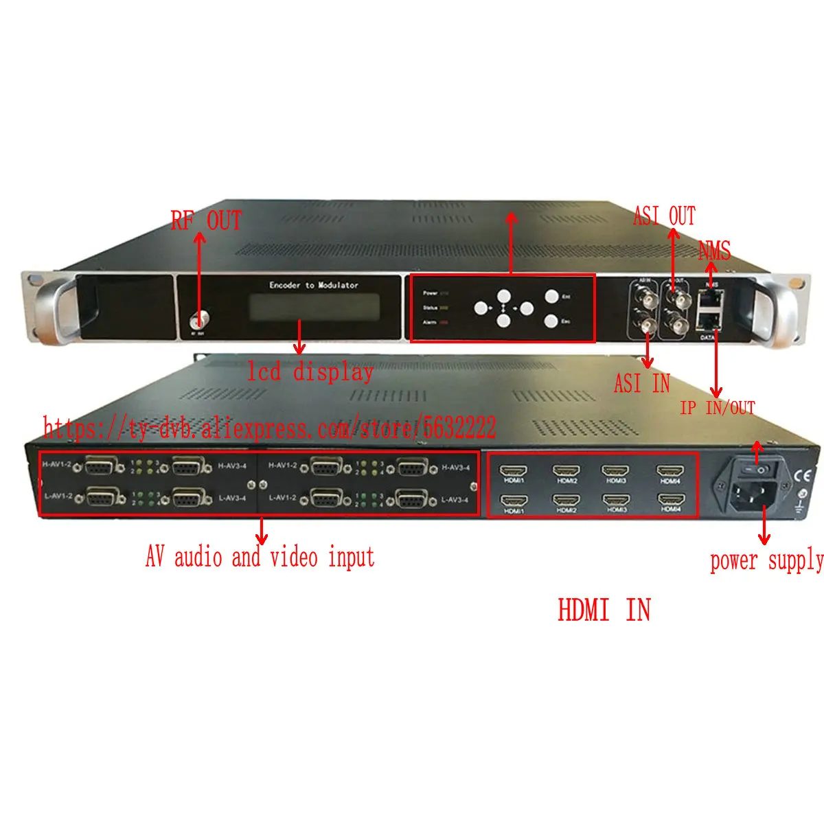 Système TV Catv avec impression et modulateur HD et SD, 16 canaux, AV + 8 canaux, HDMI vers RF, Dvb-t, Dvb-c, Atsc, Isdbt, Ip, Asi, hôtel