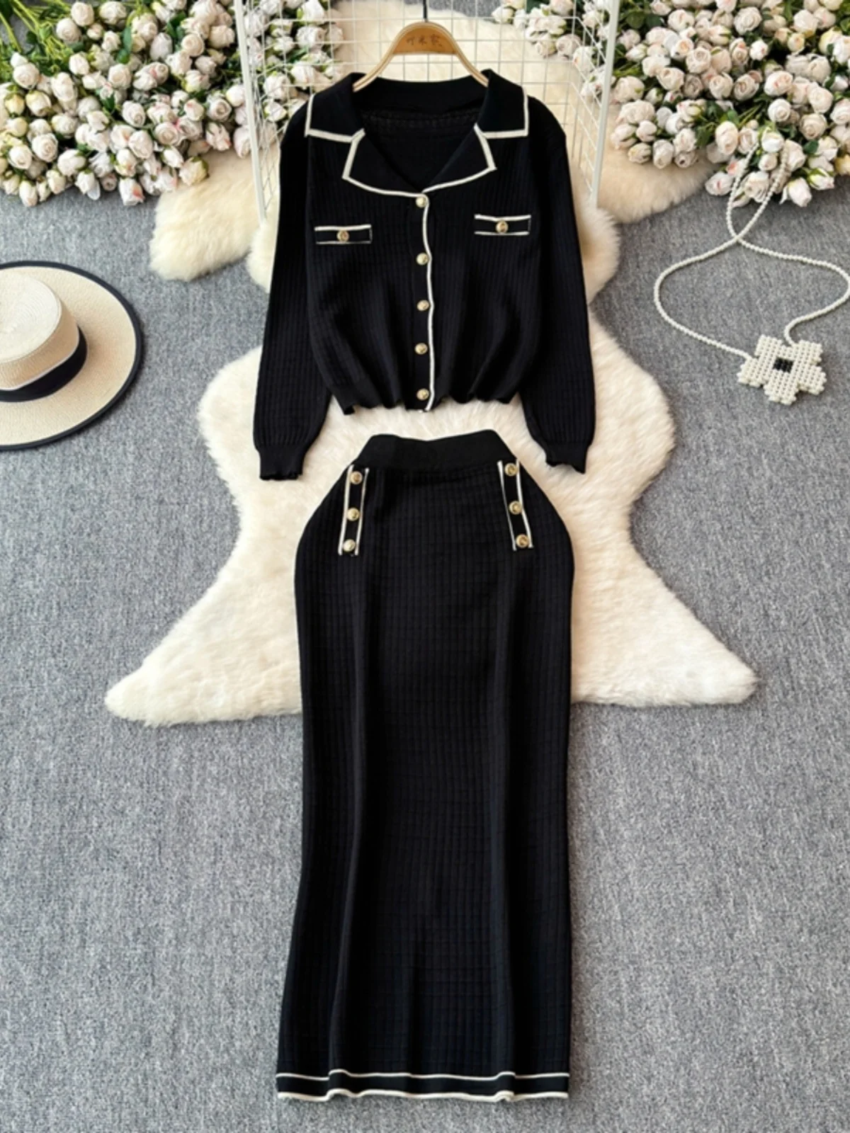 Autumn Winter Knitting Two Piece Dress Suits Women Patchwork Knitted Cardigans Pencil Midi Long Skirts Sets 2pcs Outfits