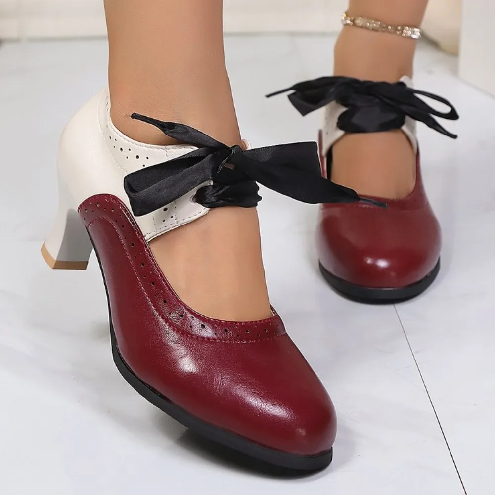 Modische Farbblock-Schnürschuhe für Damen mit hohem Absatz, Lolita-Stil, 2026 Neu, runde Zehenpartie, quadratischer Absatz, lässige Damen-Halbschuhe – Detail 8