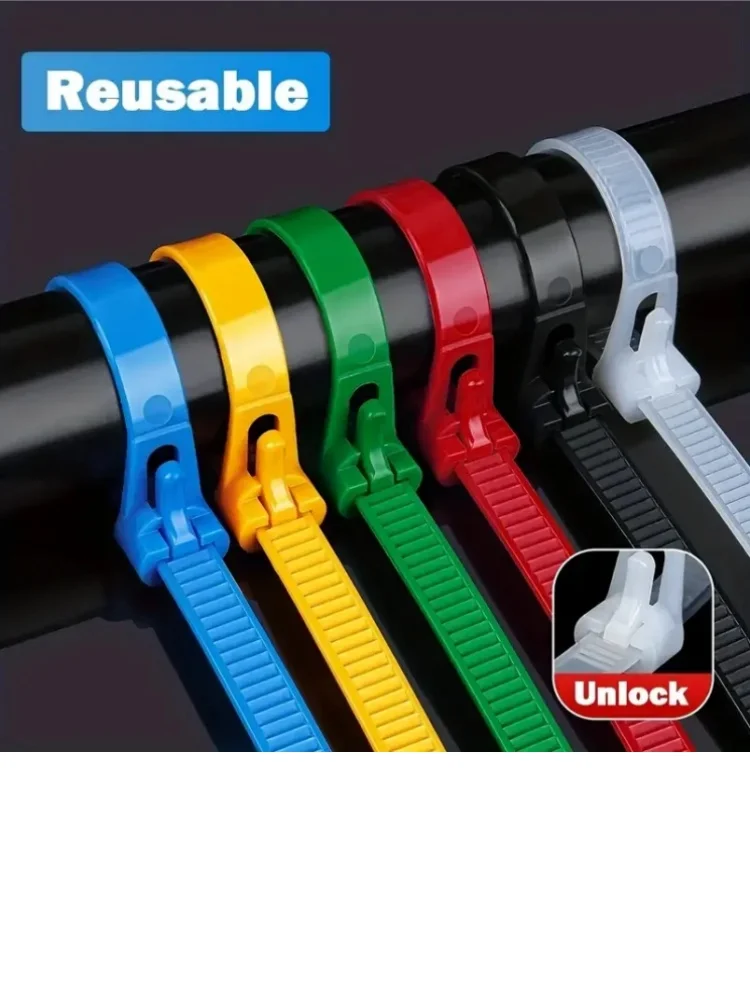 100 wiederverwendbare Kabelbinder, Kabelverschluss-Schlaufenbinder aus Nylon, abnehmbar, recycelbar, gemischte Farben, schwarz, weiß