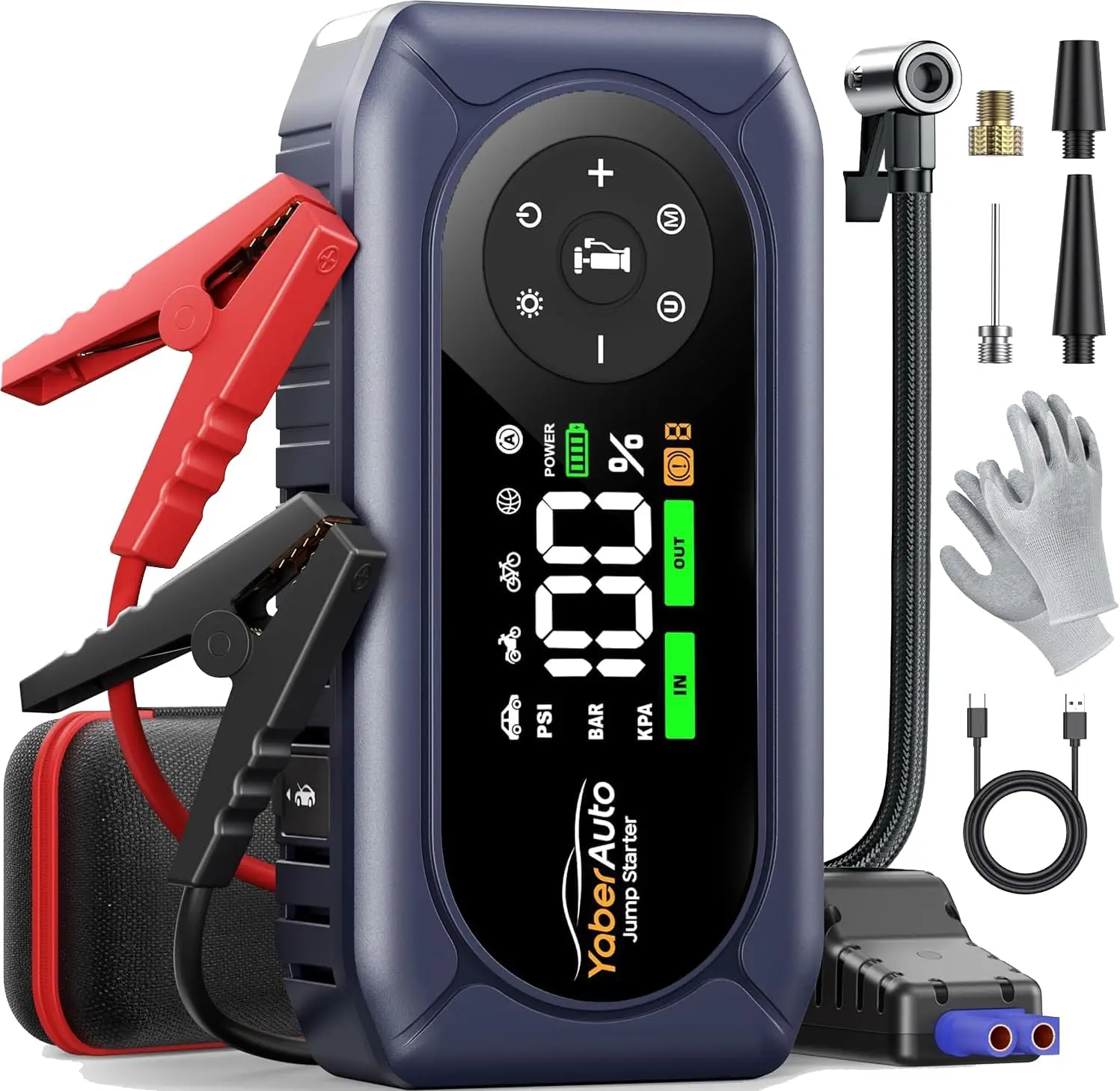 

4500A 9-in-1 Car Jump Starter with Air Compressor, 150PSI Tire Inflator, Power Bank & Emergency Lights