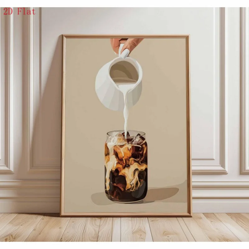 2D Flat, 2D Flat, 2D Flat/1pc 2D Flat Iced Coffee Poster | Cold Brew Wall Art, Coffee with Print, Kitchen Cafe Decor, Neutral