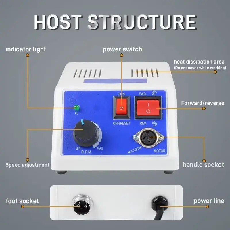 Cutícula Nail Drill Machine com dobra reta, Broca de prego, Escova de carbono, Micromotor, 0-35000RPM