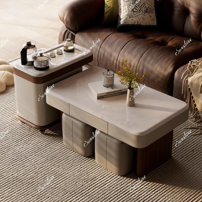 Light luxury mobile tea cart tea brewing integrated solid wood microcrystalline stone coffee table TV cabinet combination