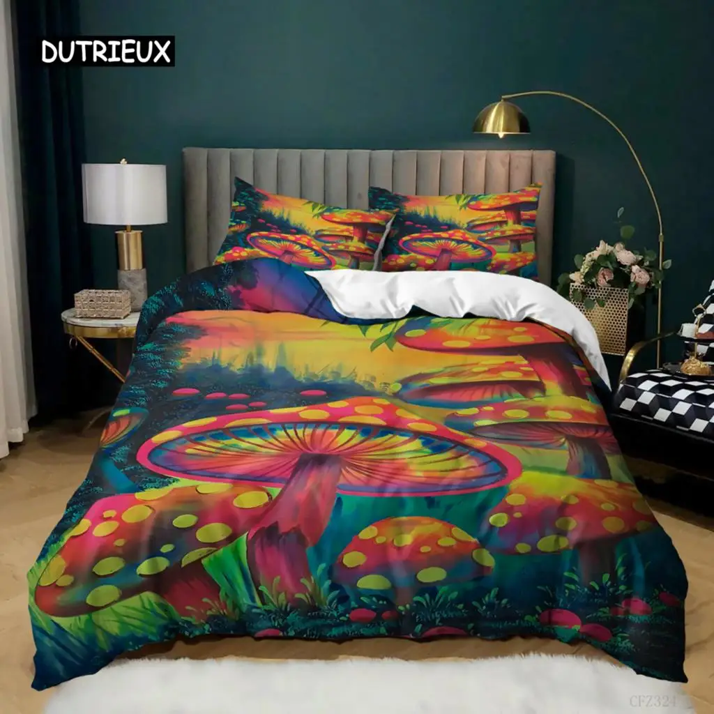 

Mushroom Duvet Cover Set Queen Size Microfiber Mushrooms Ornate Doodles with Swirls Eyes Psychedelic Botany Bdding Set For Teens