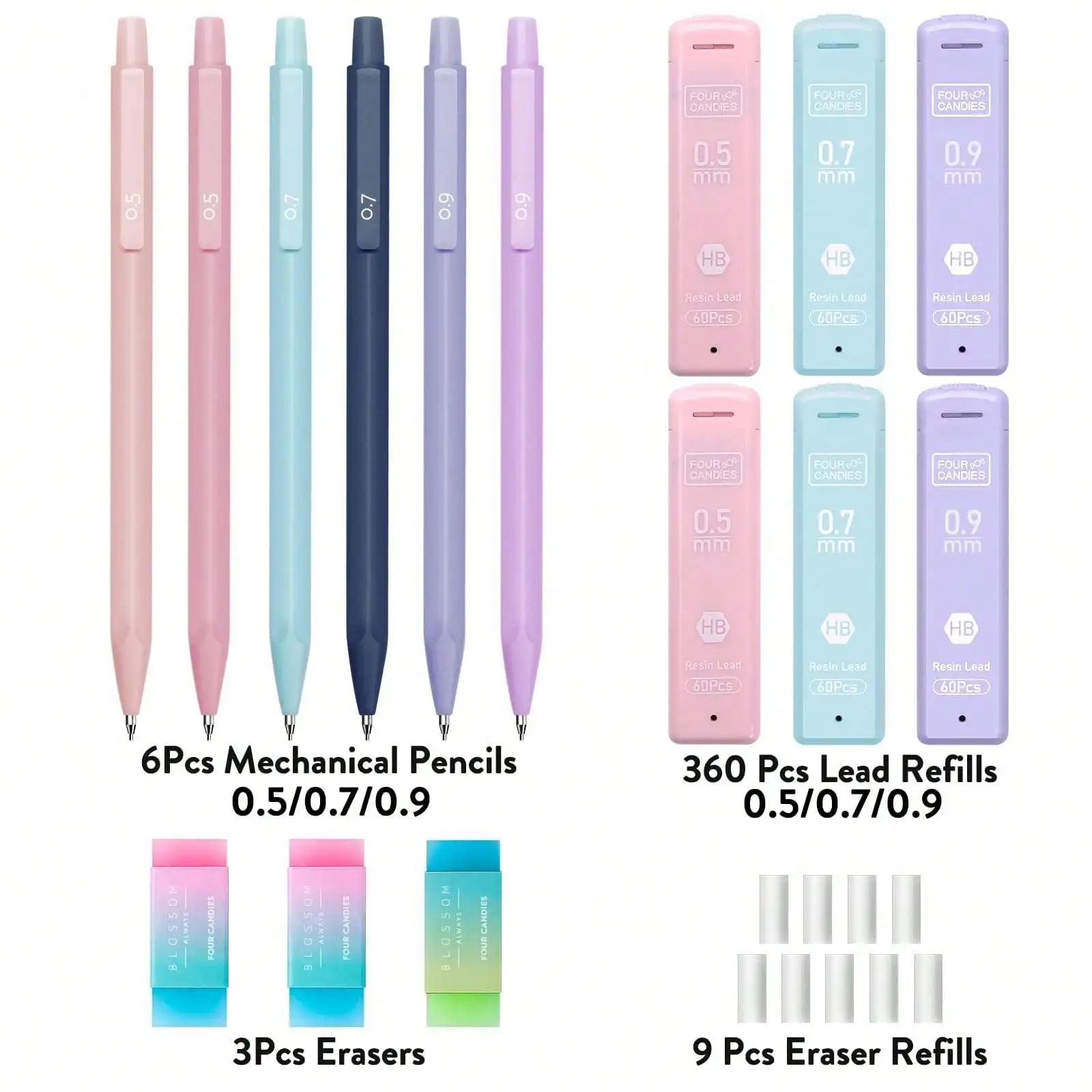 Cute Mechanical Pencil Set, 6PCS Pastel Mechanical Pencils 0.5 Mm & 0.7mm & 0.9mm With 360PCS Leads, 3PCS Erasers And 9PCS Eraser Refills, Aesthetic Pencils For Girls Writing, Art Drawing Back To School ss2409181141682651