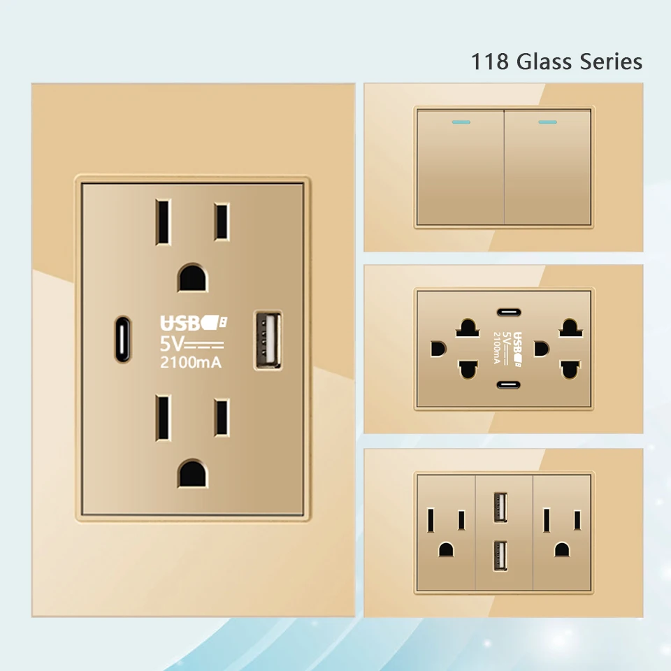 

American Standard socket Usb Type-C 20W Fast Charging outlet,Mexico Thai Dual Wall Usb Plug Socket,Tempered Glass light Switch