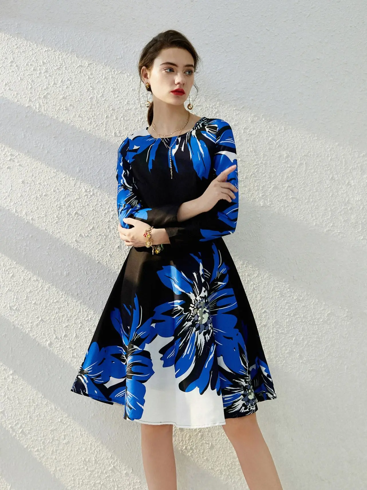 

Spring New plus Size Retro Commute Long Sve Printed Maxi Dr Ele A-Line Silhouette Women's Faion Casual Zipper Clo...