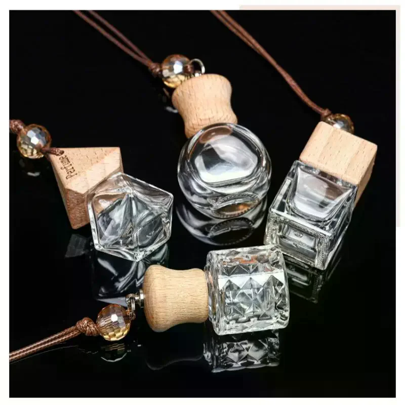 1Pcs Empty Glass Essential Oil Diffuser Bottle With Wooden Cap Car Hanging Perfume Bottle For Auto Aromatherapy Decoration