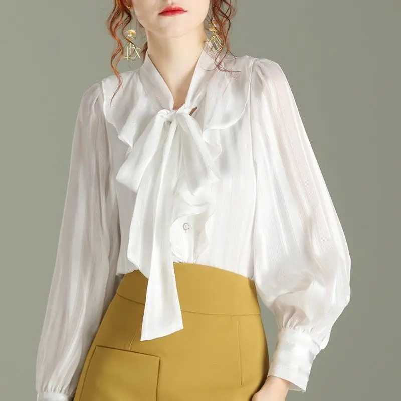 Bubble Sleeve Top Lantern Sleeve Court Style White Long Sleeved Chiffon Shirt Ruffle Edge Shirt Women's Bow