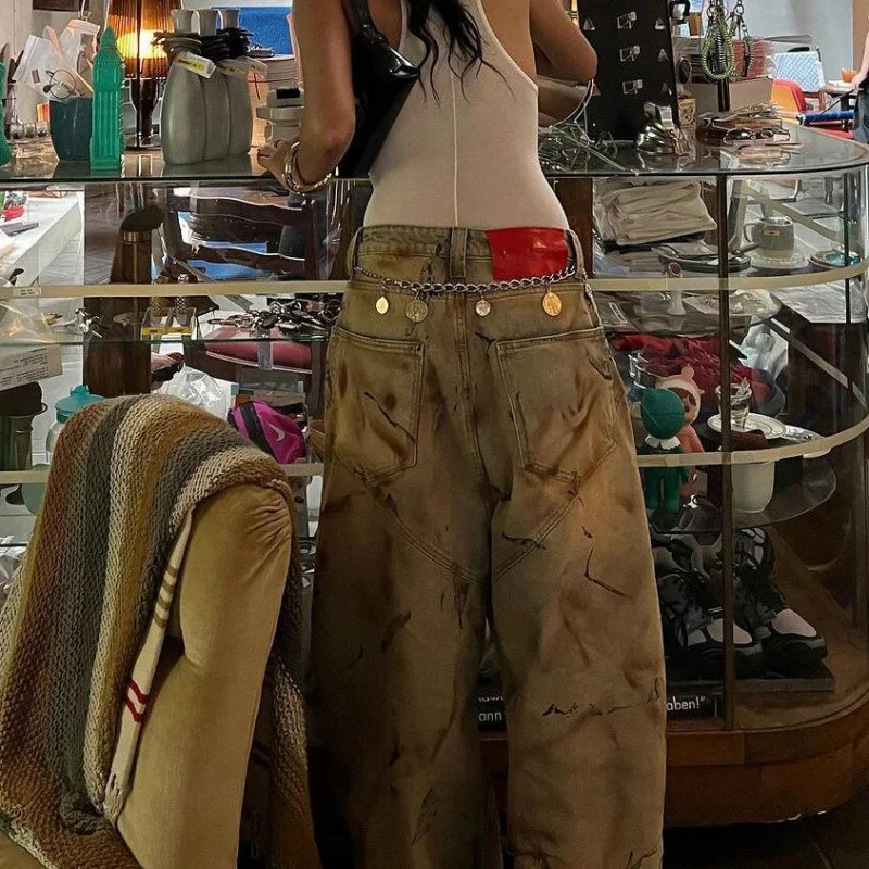 

American Retro Distressed Washed and Soiled Jeans, Children's Thin, Rustic Style Wide-leg Floor-length Trousers