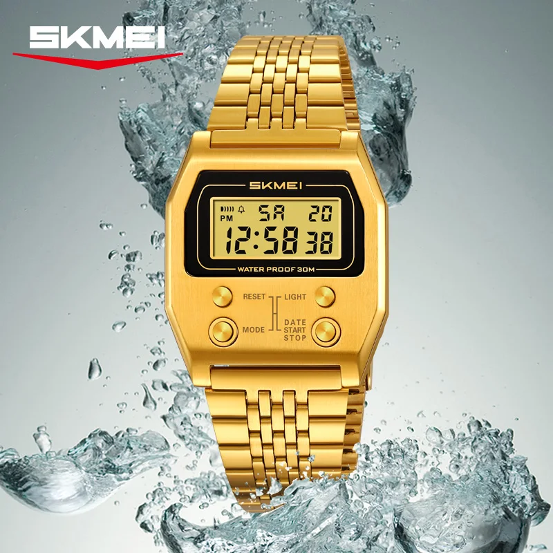 SKMEI 2460 ساعة رقمية مقاومة للماء للرجال الفولاذ المقاوم للصدأ الرياضة الفاخرة ريترو LED الإلكترونية ساعات المعصم الرجالية Reloj Hombre